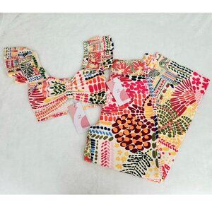 Tropical Ruffled Sleeve Crop Top & High Waisted Wide Leg Pants Set Resortwear